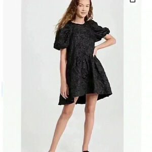 Enless Rose Textured Crinkle Short Balloon sleeve Black Tunic Dress L